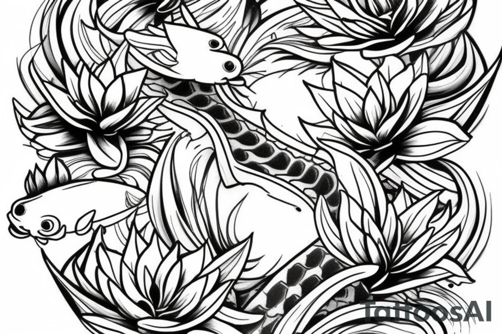 Draw a single koi fish in a landscaped pond with lily pads. tattoo idea