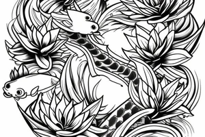 Draw a single koi fish in a landscaped pond with lily pads. tattoo idea