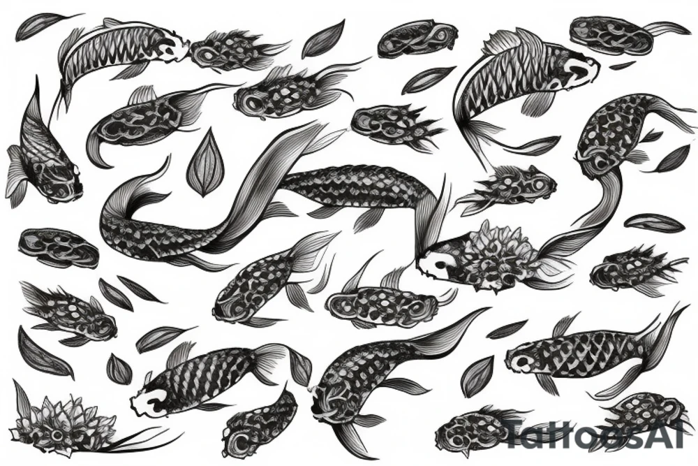 Draw a single koi fish in a landscaped pond with lily pads. tattoo idea