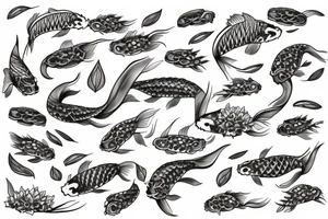 Draw a single koi fish in a landscaped pond with lily pads. tattoo idea