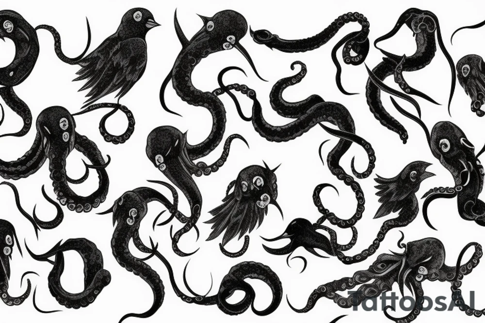 multiple tentacles grabbing a flock of crows tattoo idea