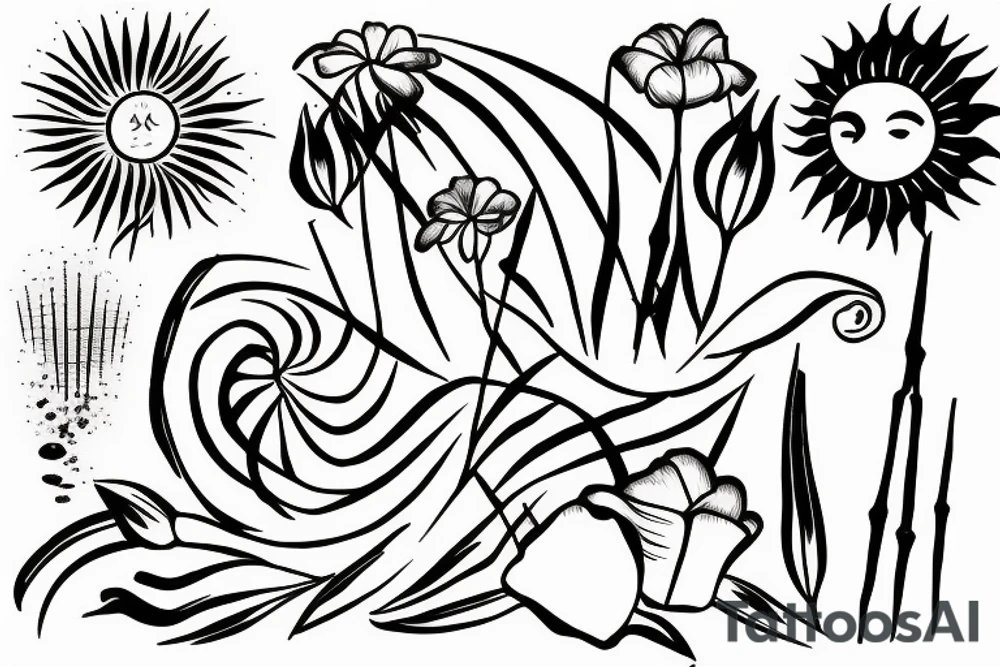 beach, bamboo, tulips, sun tattoo idea