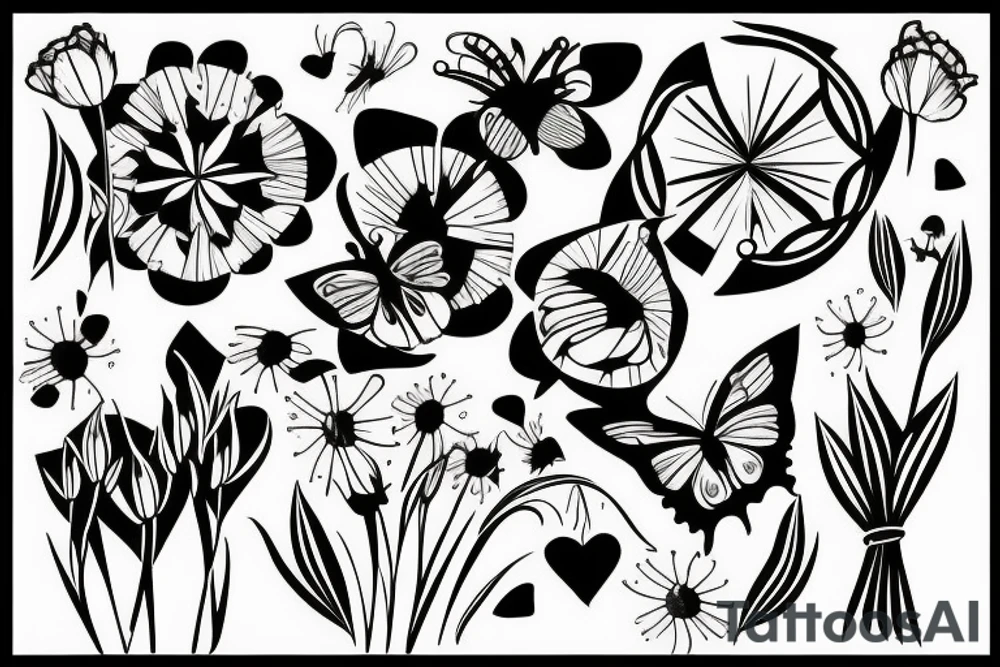 bamboo sticks, tulips, butterflies in a sun tattoo idea