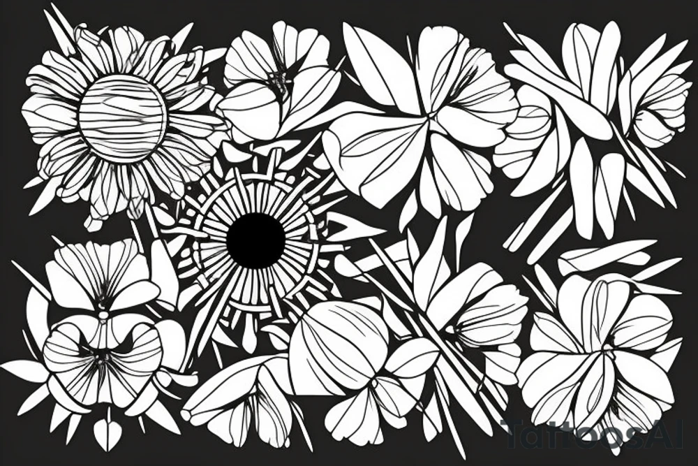 bamboo sticks, tulips, butterflies in a sun tattoo idea