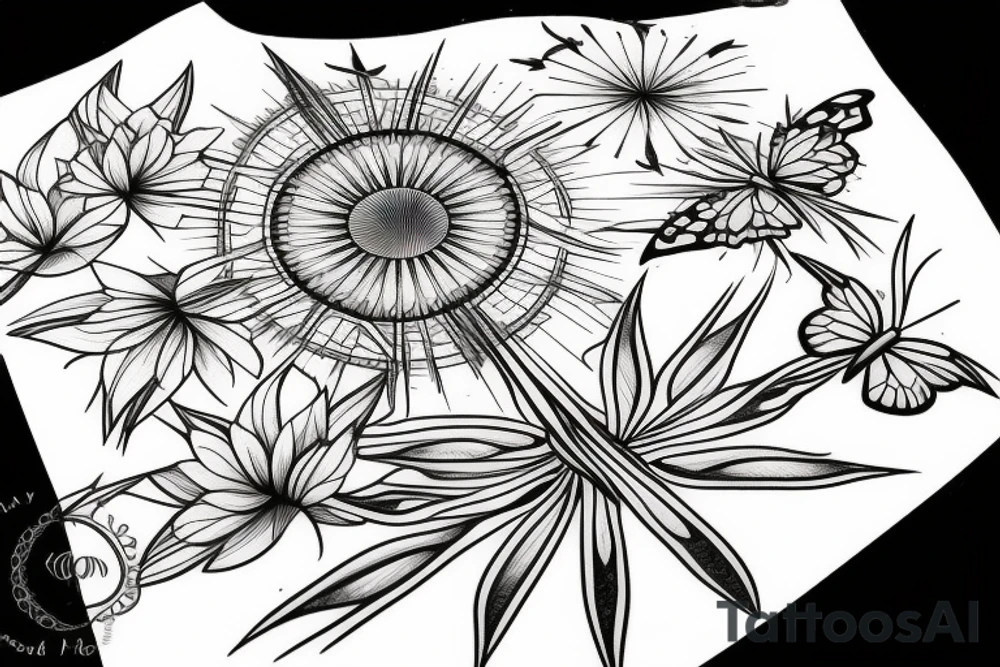 bamboo sticks, tulips, butterflies in a sun tattoo idea