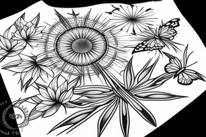 bamboo sticks, tulips, butterflies in a sun tattoo idea