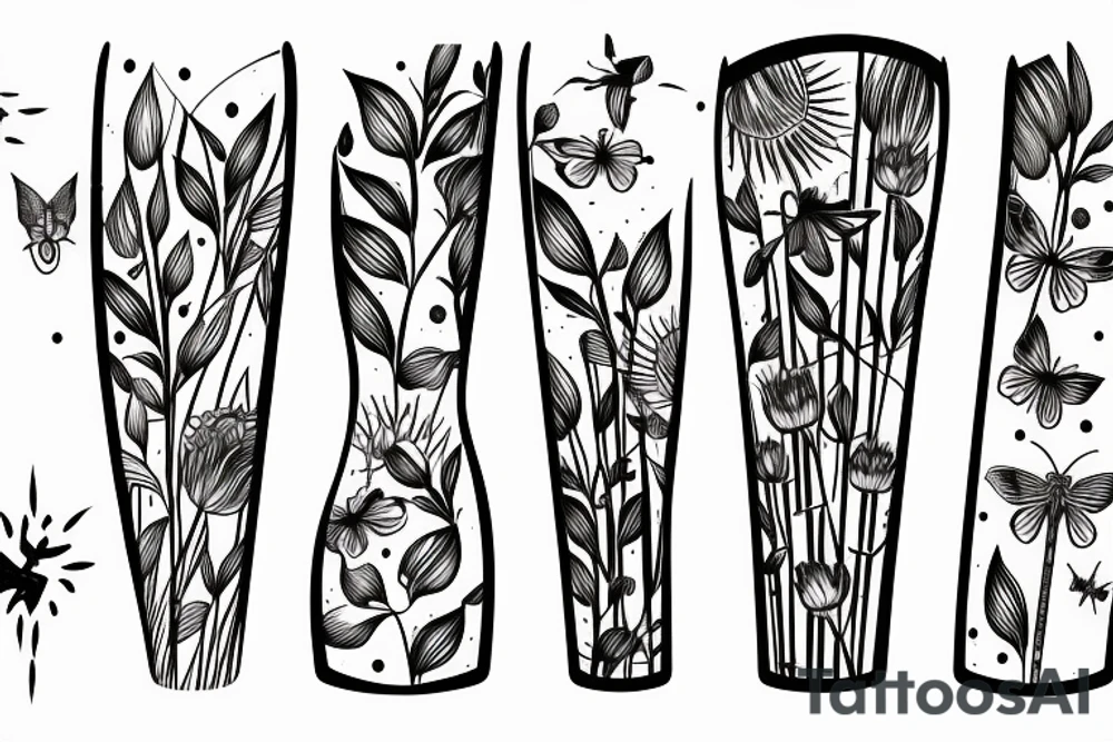 bamboo sticks, tulips, butterflies in a sun tattoo idea