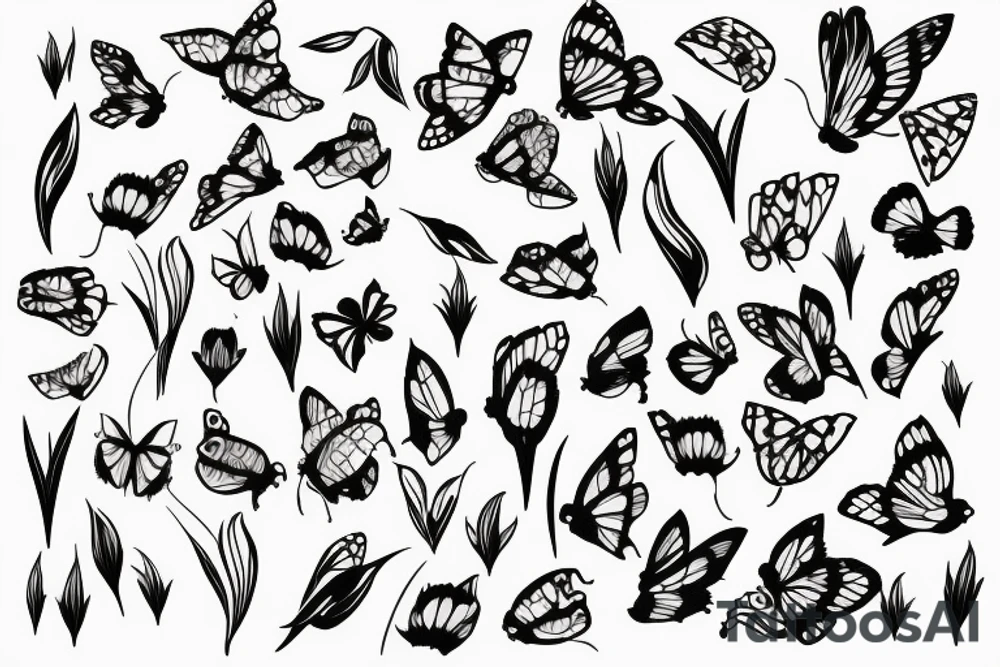 bamboo sticks, tulips, turtles and butterflies tattoo idea