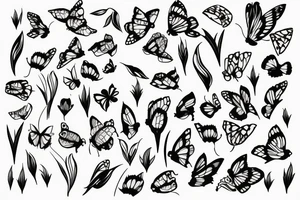 bamboo sticks, tulips, turtles and butterflies tattoo idea