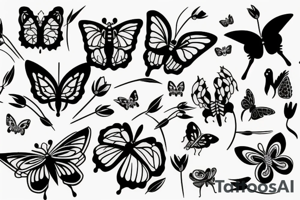 bamboo sticks, tulips, turtles and butterflies tattoo idea