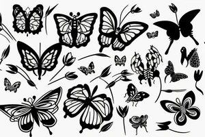 bamboo sticks, tulips, turtles and butterflies tattoo idea
