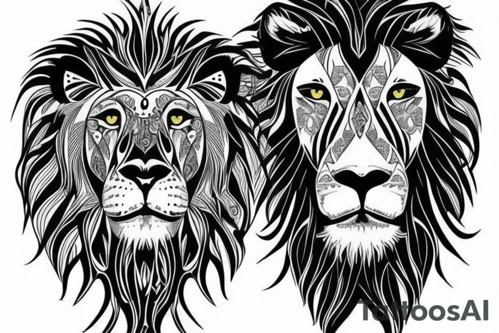 Majestic lion,  green eyes,  with cool designs on the background. tattoo idea