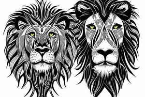 Majestic lion,  green eyes,  with cool designs on the background. tattoo idea