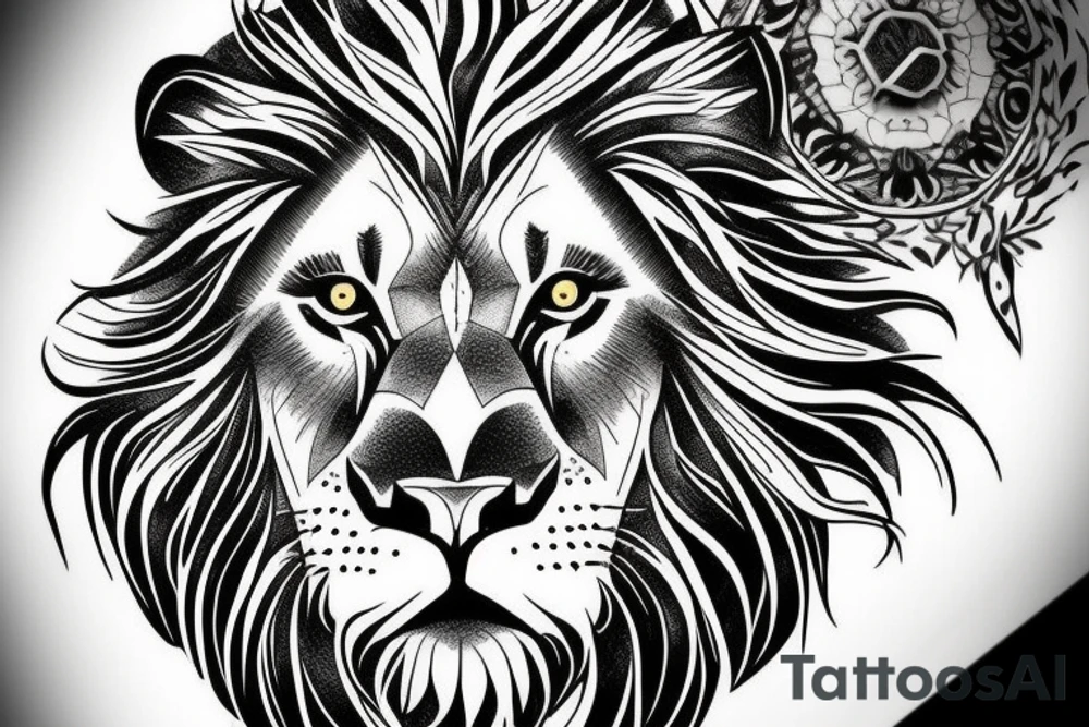 Majestic lion,  green eyes,  with cool designs on the background. tattoo idea