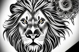 Majestic lion,  green eyes,  with cool designs on the background. tattoo idea