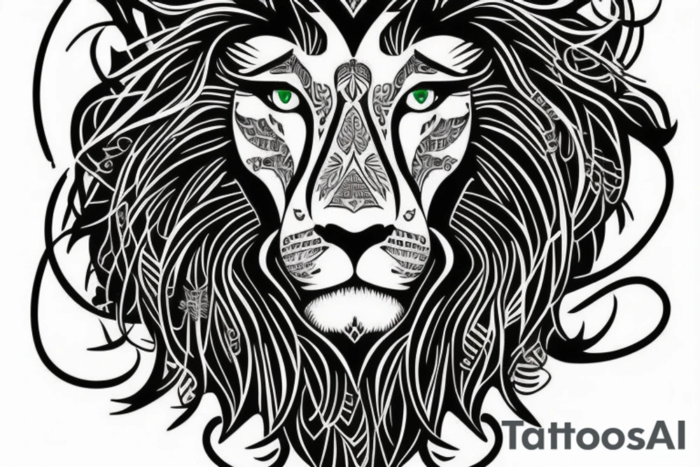 Majestic lion,  green eyes,  with cool designs on the background. tattoo idea