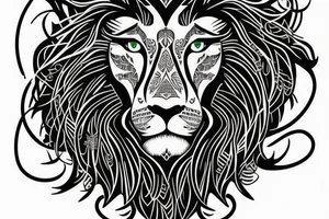 Majestic lion,  green eyes,  with cool designs on the background. tattoo idea