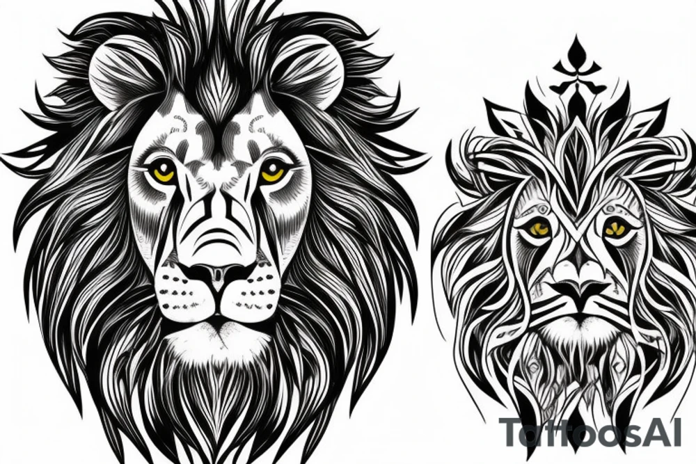 Majestic lion,  green eyes,  with cool designs on the background. tattoo idea