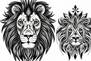Majestic lion,  green eyes,  with cool designs on the background. tattoo idea