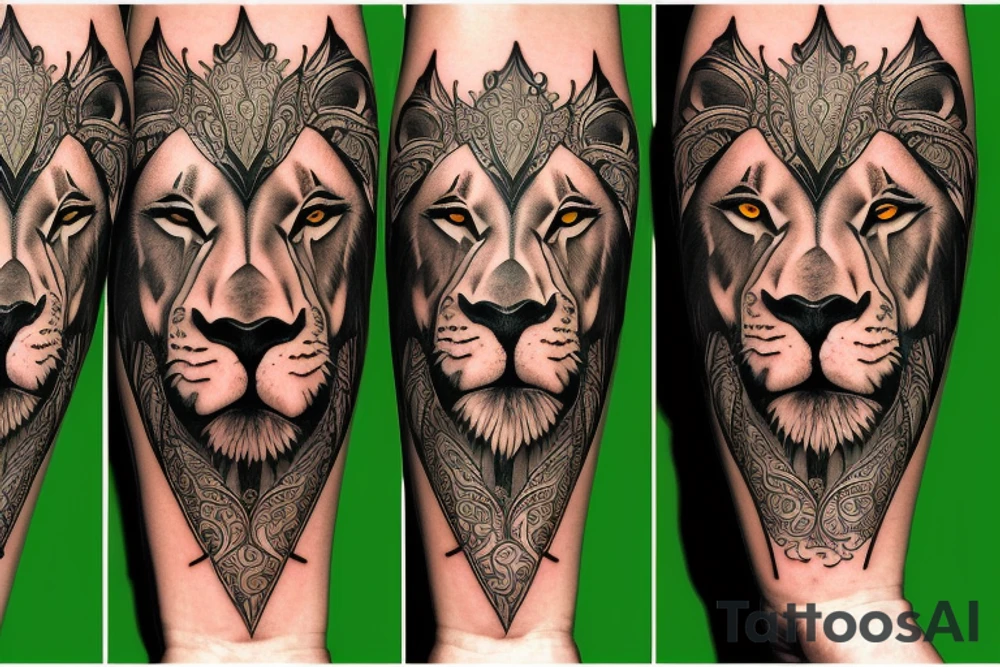 Majestic lion, green eyes, with cool designs on the background. tattoo idea