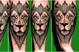 Majestic lion,  green eyes,  with cool designs on the background. tattoo idea