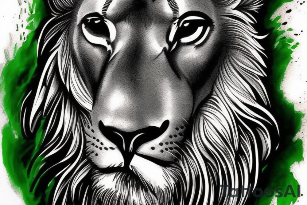 Majestic lion, green eyes, with cool designs on the background. tattoo idea