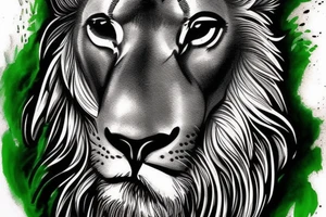 Majestic lion,  green eyes,  with cool designs on the background. tattoo idea