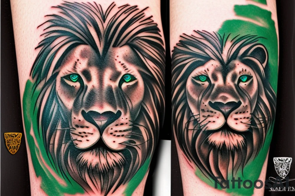 Lion with green eyes tattoo idea