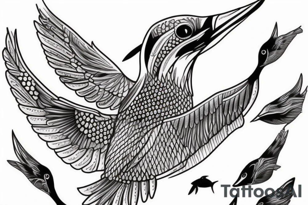 Kingfisher flying over water,  picking up a small fish in its beak tattoo idea
