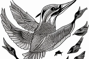 Kingfisher flying over water,  picking up a small fish in its beak tattoo idea