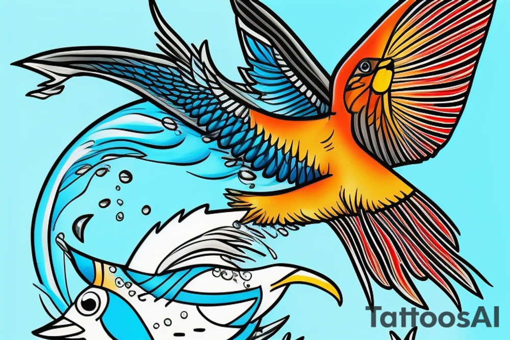 Kingfisher flying over water,  picking up a small fish in its beak. Bright colours tattoo idea