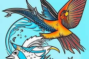 Kingfisher flying over water,  picking up a small fish in its beak. Bright colours tattoo idea