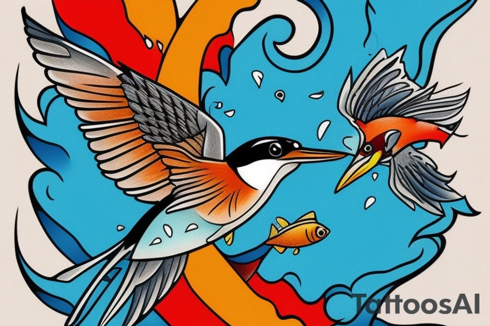 Kingfisher flying over water,  picking up a small fish in its beak. Bright colours tattoo idea