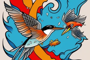 Kingfisher flying over water,  picking up a small fish in its beak. Bright colours tattoo idea