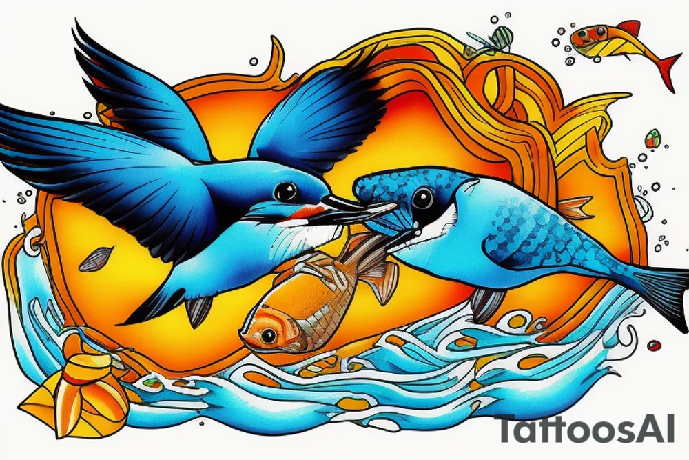 Kingfisher flying over water,  picking up a small fish in its beak. Bright colours tattoo idea