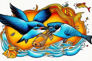 Kingfisher flying over water,  picking up a small fish in its beak. Bright colours tattoo idea