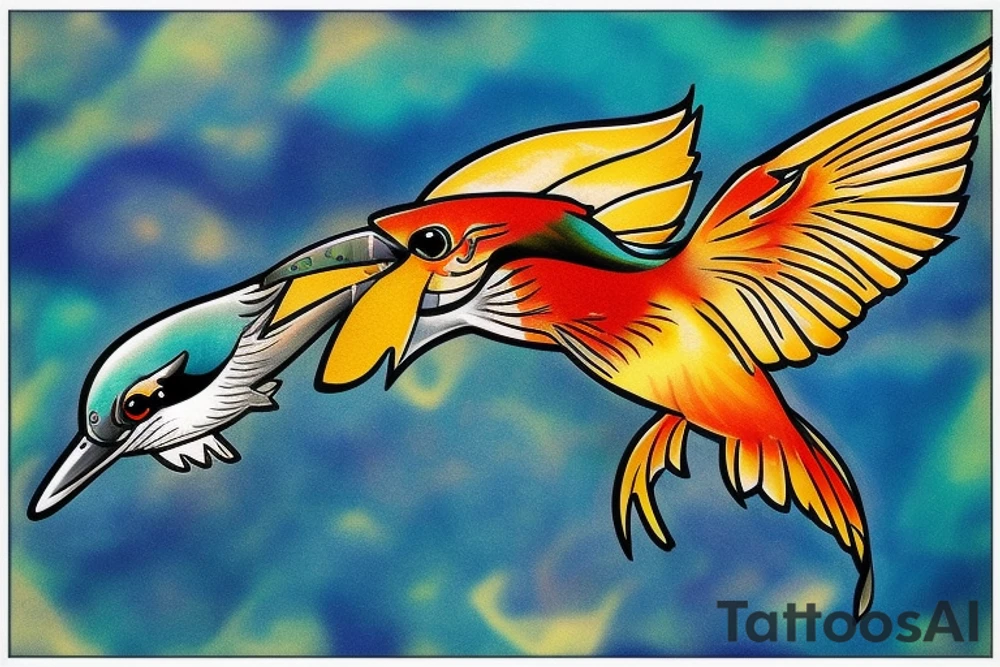 Kingfisher flying over water,  picking up a small fish in its beak. Bright colours tattoo idea