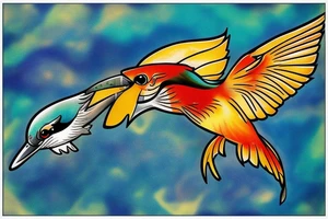 Kingfisher flying over water,  picking up a small fish in its beak. Bright colours tattoo idea