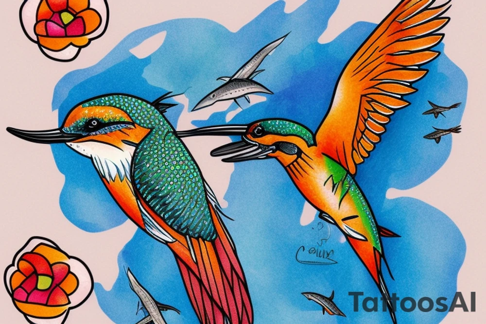 Australiqn Kingfisher flying over water,  picking up a small fish in its beak. Bright colours tattoo idea