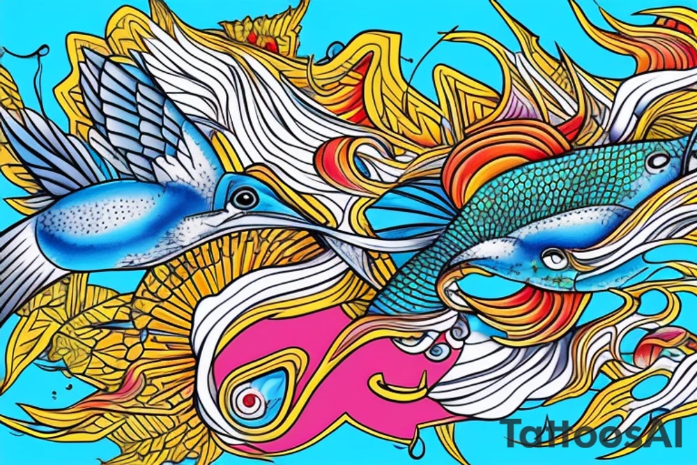 Australiqn Kingfisher flying over water,  picking up a small fish in its beak. Bright colours tattoo idea