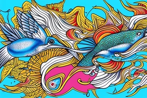 Australiqn Kingfisher flying over water,  picking up a small fish in its beak. Bright colours tattoo idea