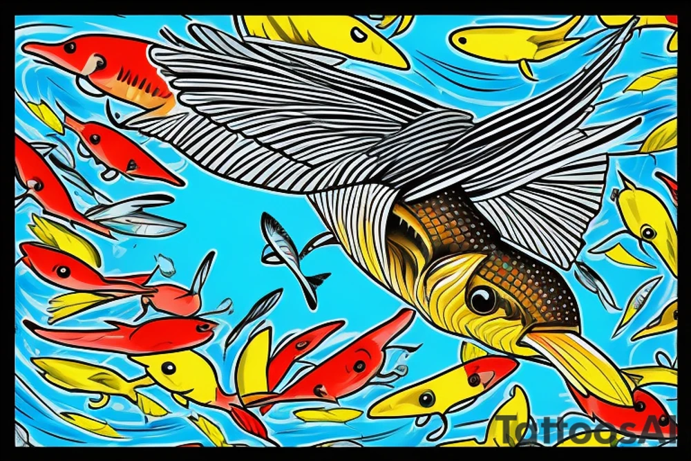 Australiqn Kingfisher flying over water,  picking up a small fish in its beak. Bright colours tattoo idea