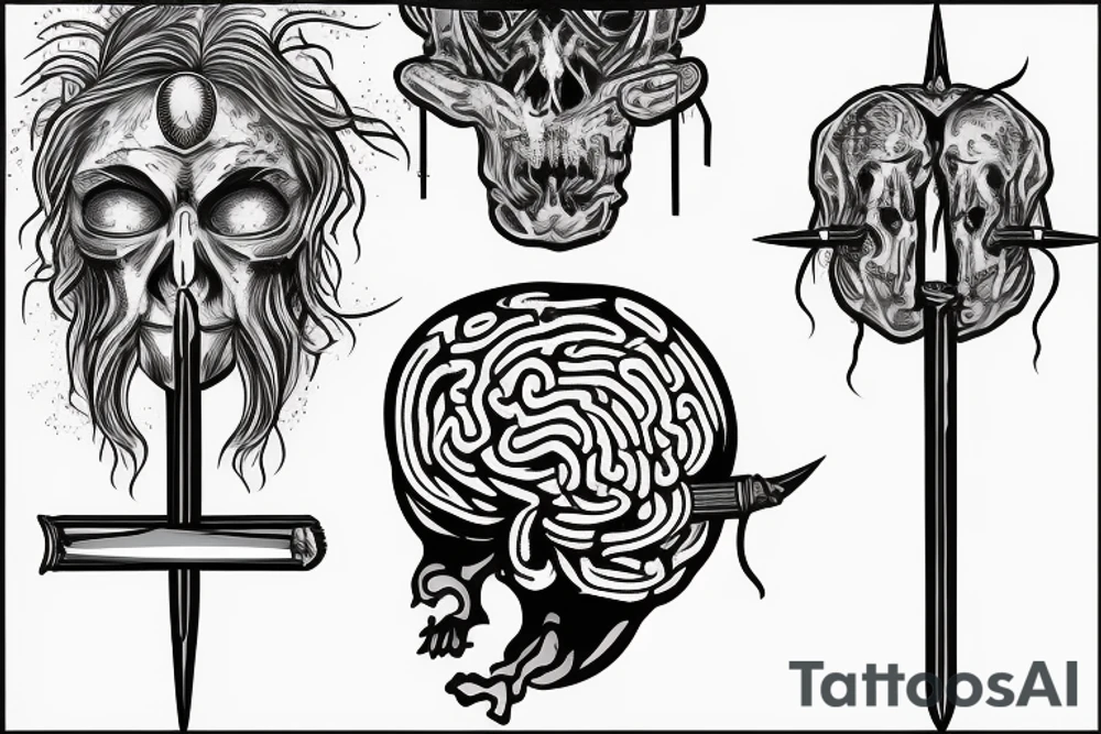 Long sword piercing through a brain tattoo idea