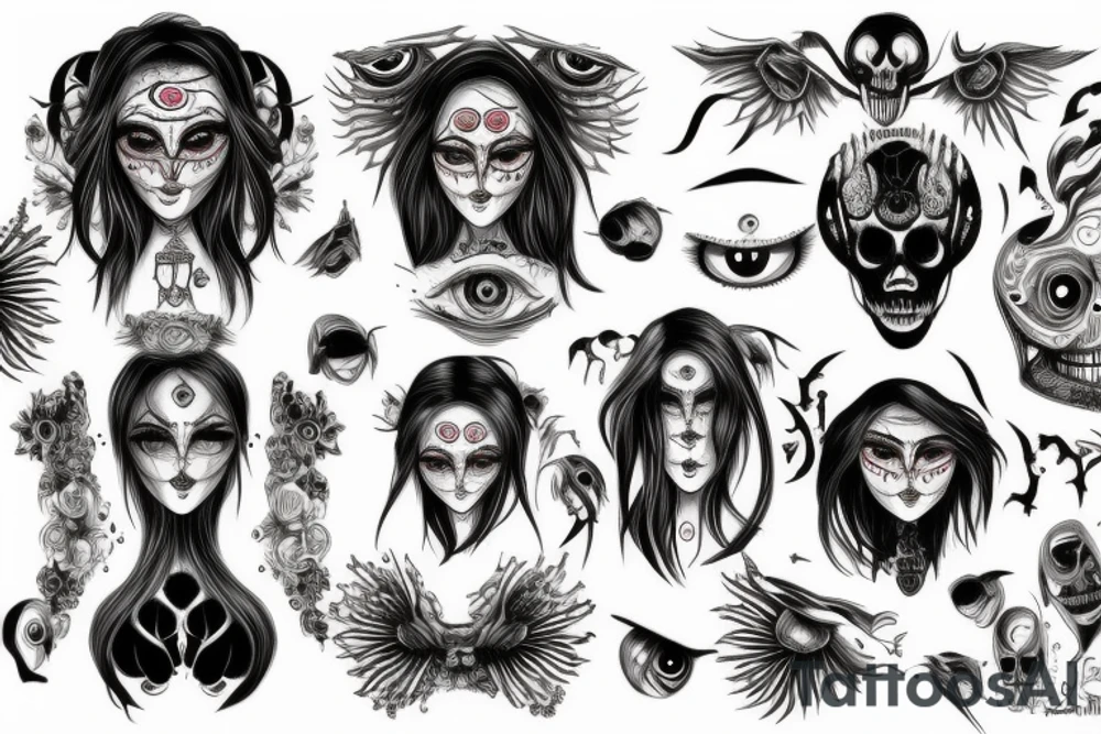 Scary woman with a lot of eyes tattoo idea