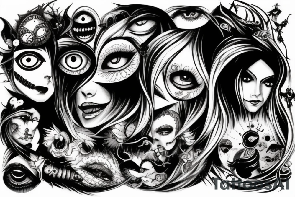 Scary woman with a lot of eyes tattoo idea