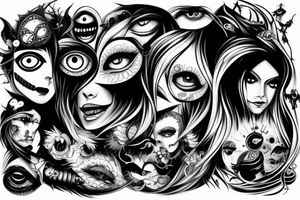 Scary woman with a lot of eyes tattoo idea