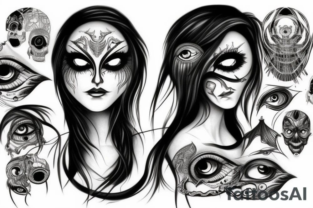 Scary woman with a lot of eyes tattoo idea
