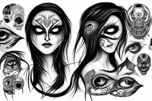 Scary woman with a lot of eyes tattoo idea