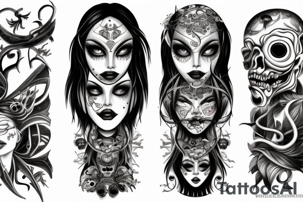 Scary woman with a lot of eyes tattoo idea