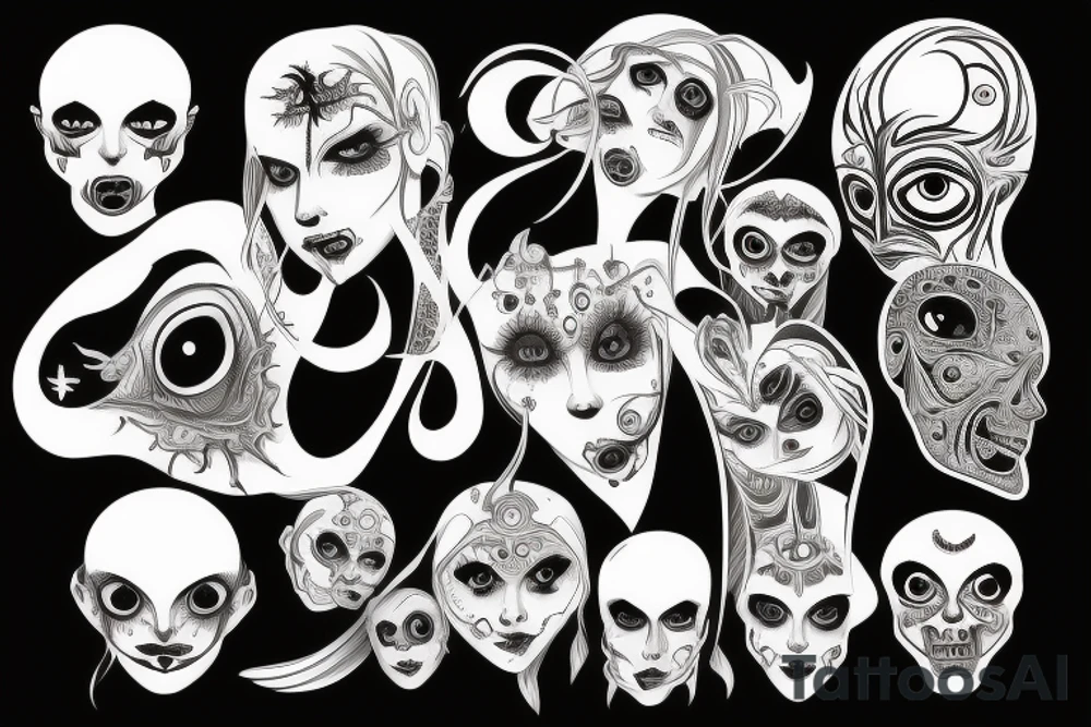 Scary woman with a lot of eyes tattoo idea